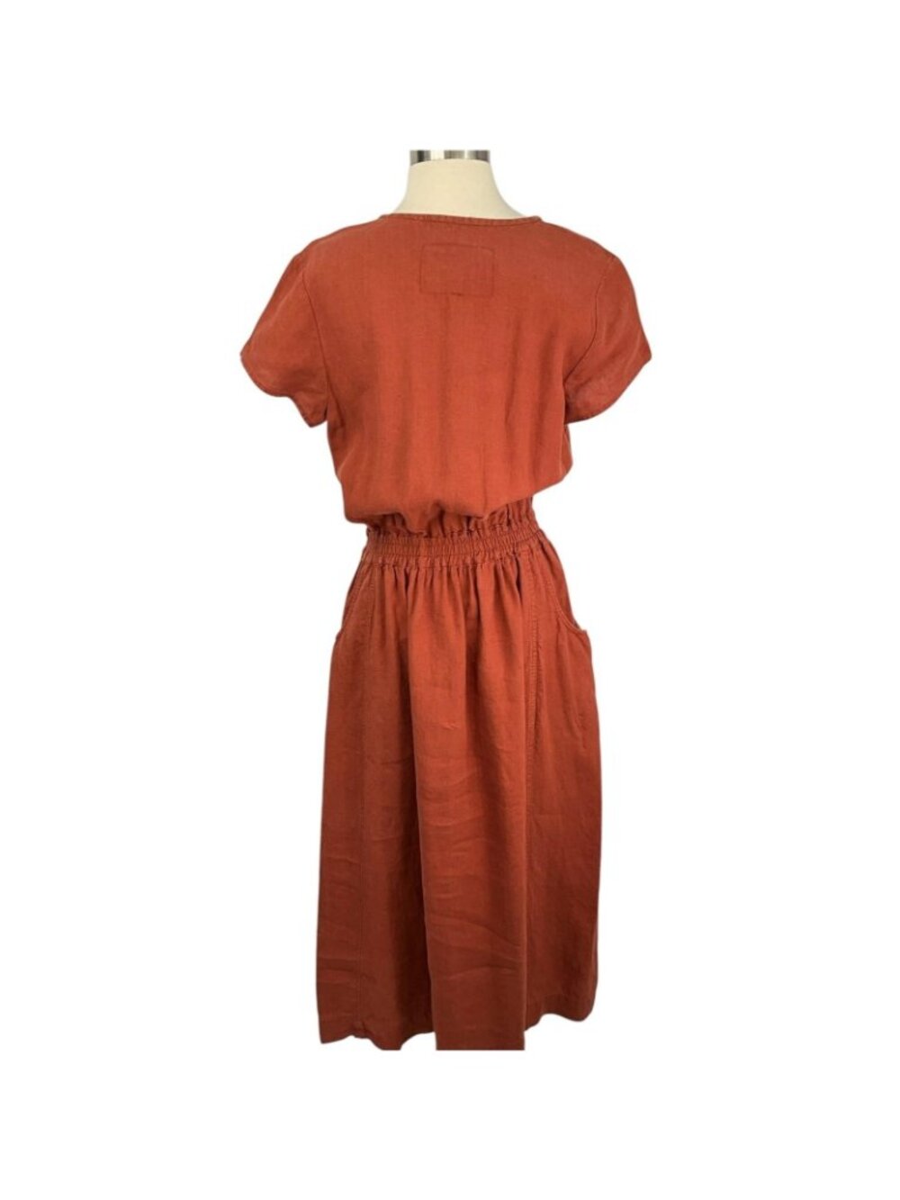 Not Perfect Linen Reine Waisted Linen Dress Womens M Orange Short Sleeve Pockets - Picture 5 of 14
